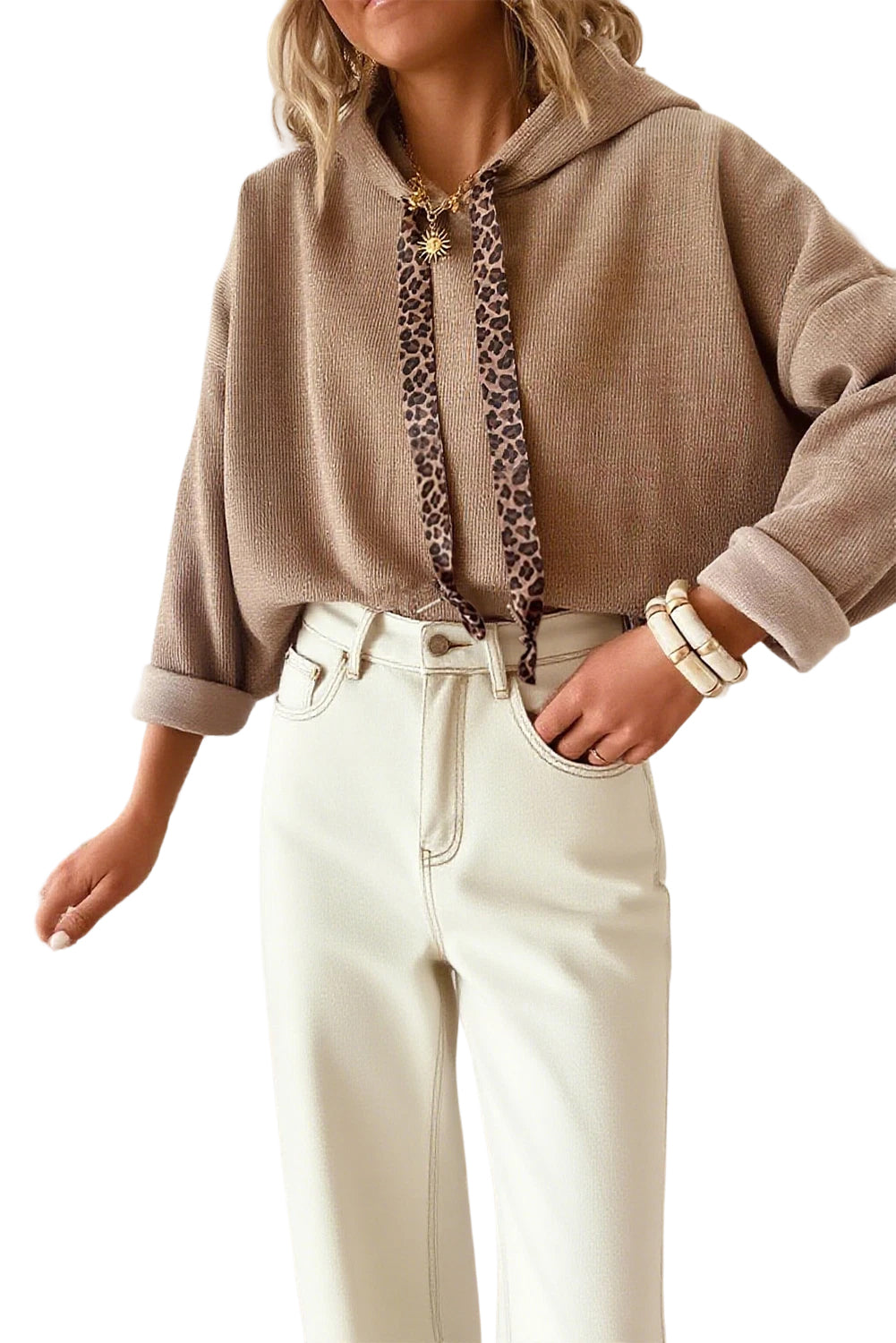 Dark Khaki Thermal Textured Leopard Drawstring Baggy Hoodie