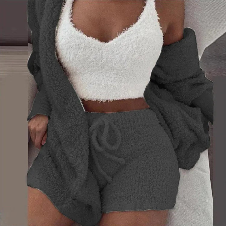 3PCS/Set Thickened Warm Sleepwear Winter Women Long Plush Long-Sleeved  Vest Shorts Student Homewear Solid Fashion