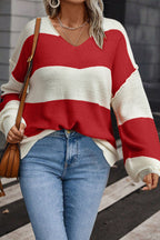 Red Stripe Colorblock V Neck Side Slits Sweater