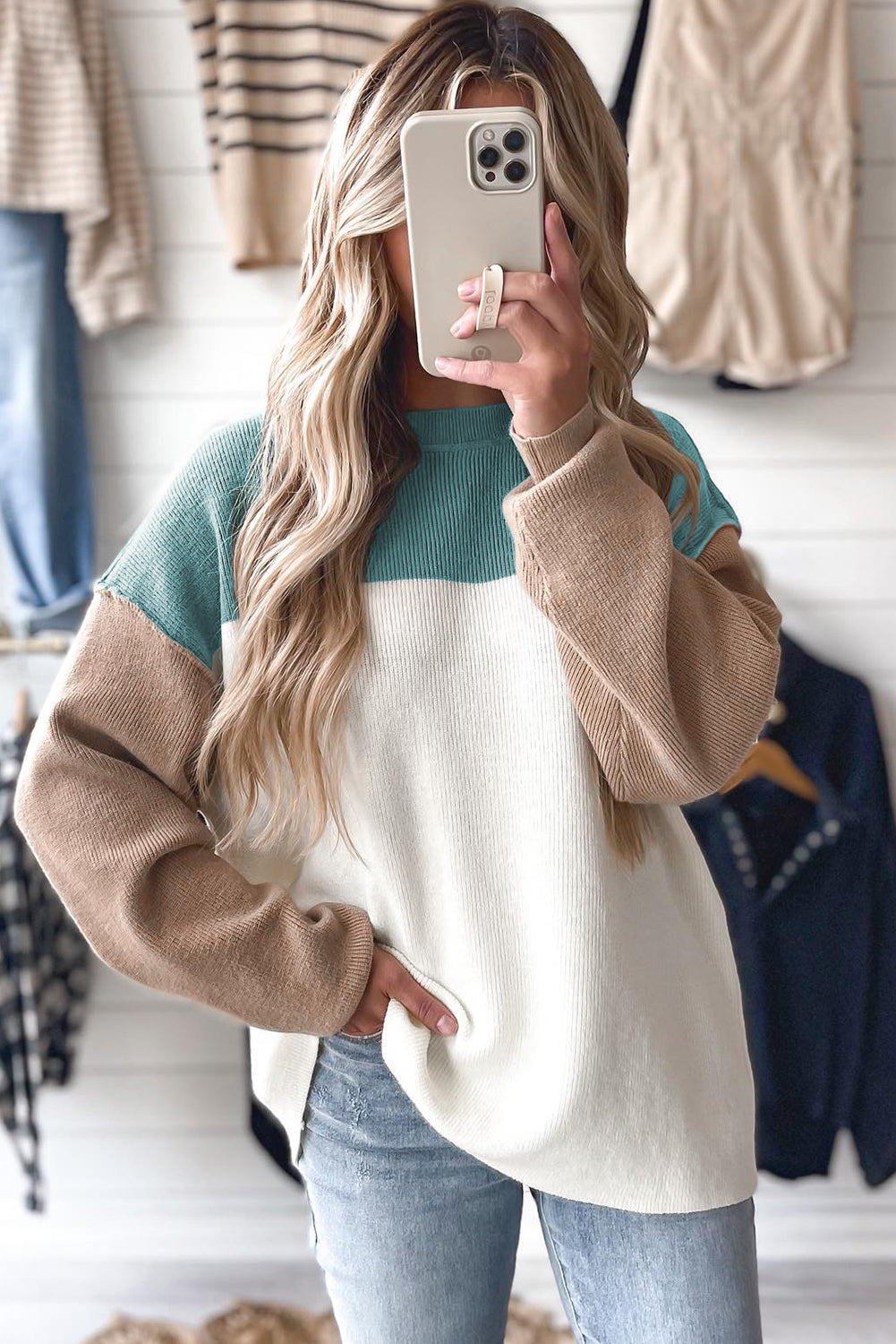 Green Colorblock Ribbed Knit Baggy Sweater