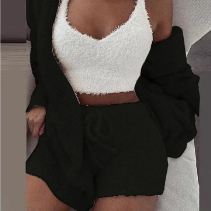 3PCS/Set Thickened Warm Sleepwear Winter Women Long Plush Long-Sleeved  Vest Shorts Student Homewear Solid Fashion