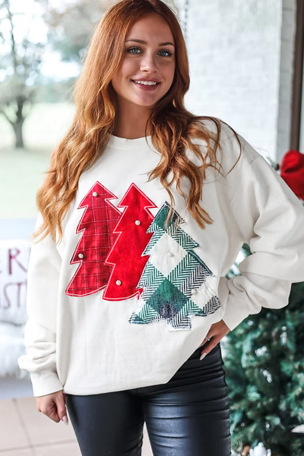 White Pearl Plaid Christmas Tree Sweatshirt