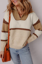 Parchment Colorblock Zipped Collared Pullover Sweater