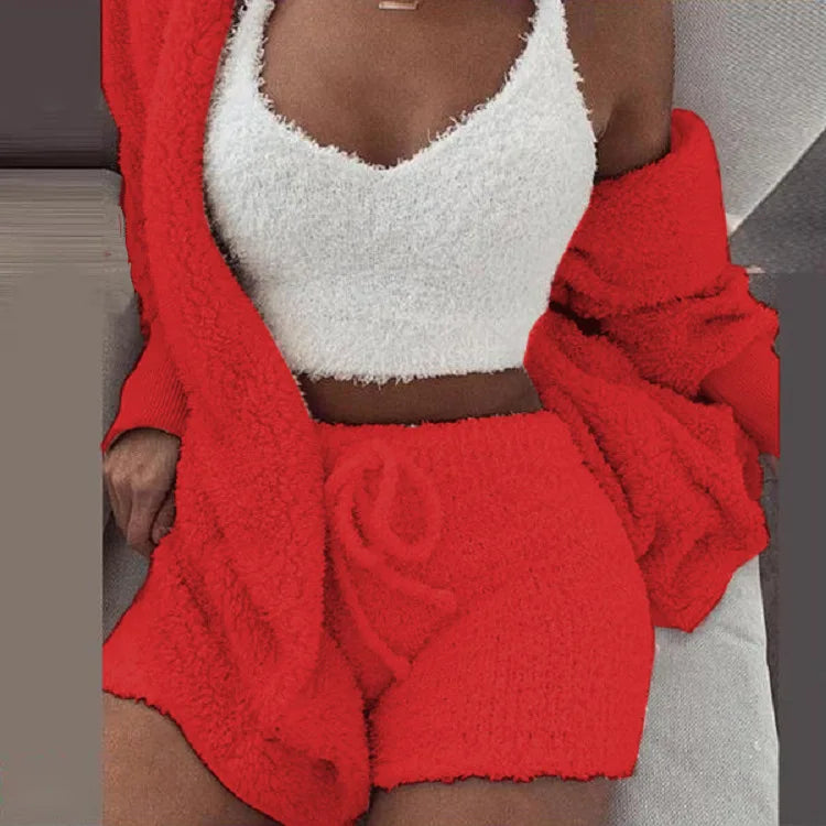3PCS/Set Thickened Warm Sleepwear Winter Women Long Plush Long-Sleeved  Vest Shorts Student Homewear Solid Fashion