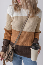 Khaki Colorblock Cable Knit Round Neck Sweater