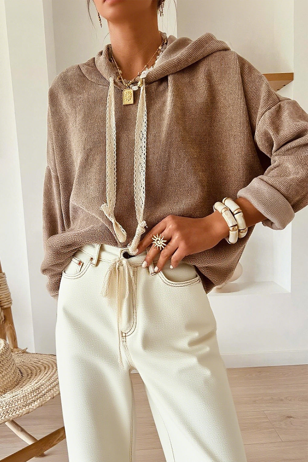 Smoke Gray Thermal Textured Leopard Drawstring Baggy Hoodie