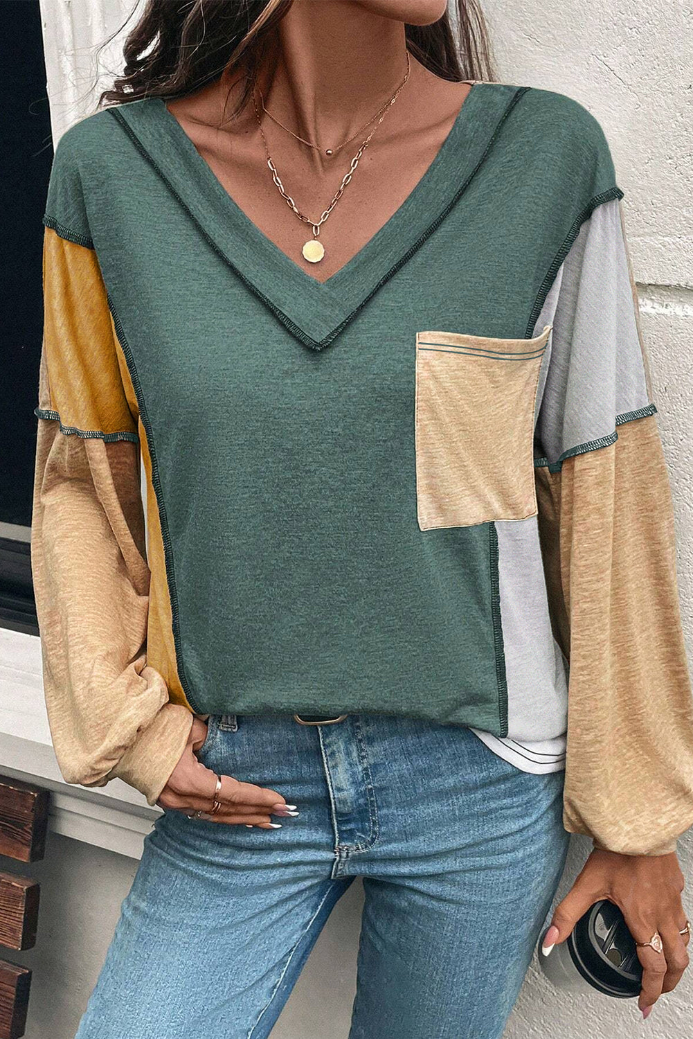Green V Neck Long Sleeve Top