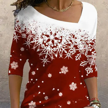 Christmas Print Long-sleeve Diagonal Collar Pullover Tee