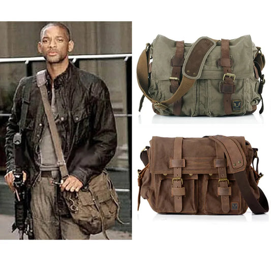I AM LEGEND Will Smith Canvas +Genuine Leather Men Messenger Bag Canvas Shoulder Bag Men Crossbody Bag Sling Casual Bag Satchel