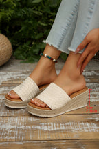 White Boho Woven One Band Wedge Slippers