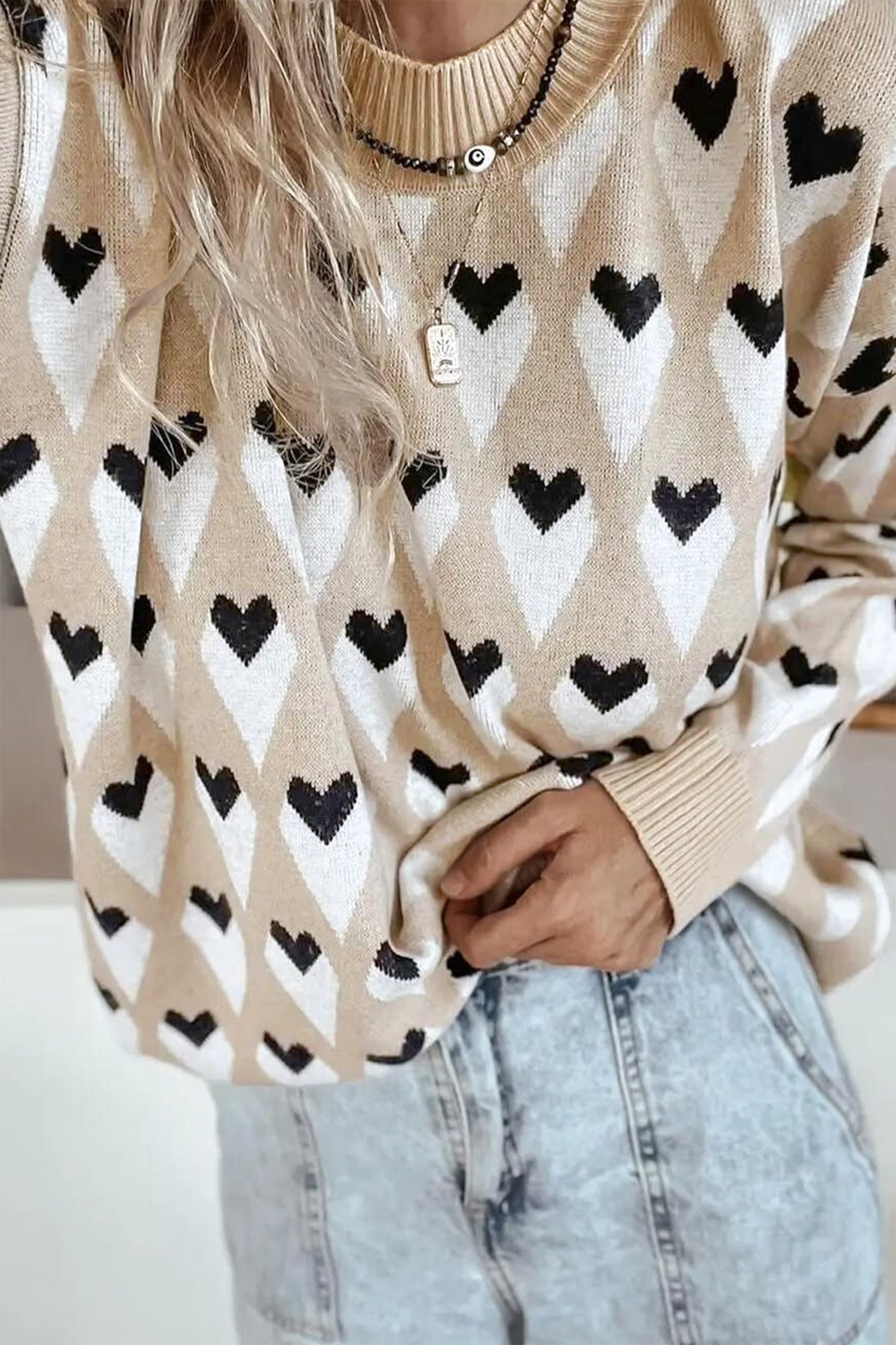 Heart Print Ribbed Trim Loose Sweater