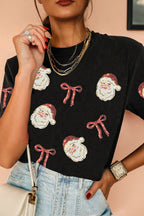 Black Sequin Christmas Bow Santa T-Shirt