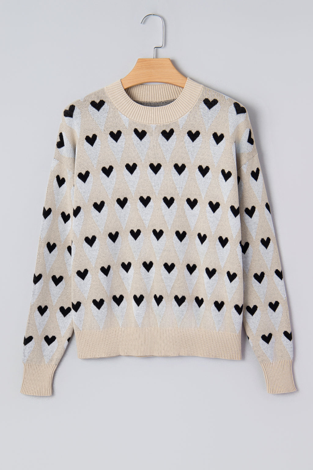 Heart Print Ribbed Trim Loose Sweater