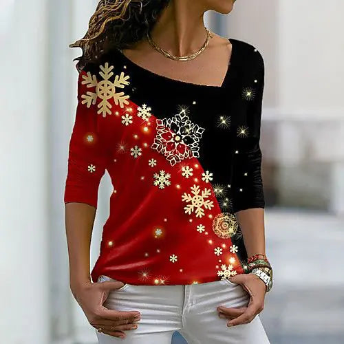 Christmas Print Long-sleeve Diagonal Collar Pullover Tee