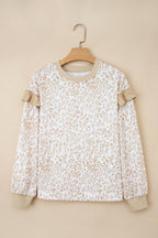 Khaki Ribbed Trim Ruffle Detail Leopard Round Neck Sweatshirt