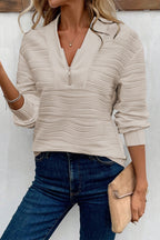 Sweatshirt Pulôver Cor Sólida Cor Pergaminho com Fecho e Decote em V