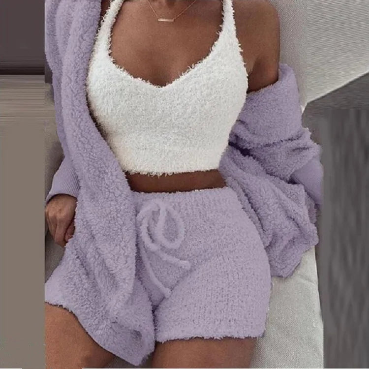 3PCS/Set Thickened Warm Sleepwear Winter Women Long Plush Long-Sleeved  Vest Shorts Student Homewear Solid Fashion