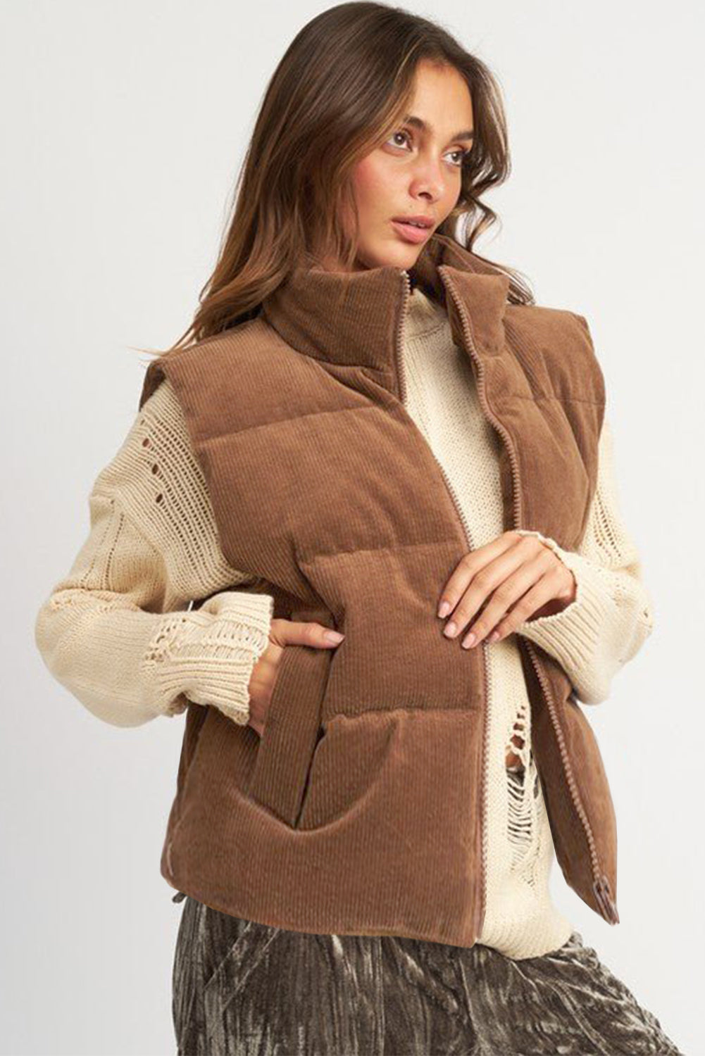 Coffee Solid Color Vest Coat