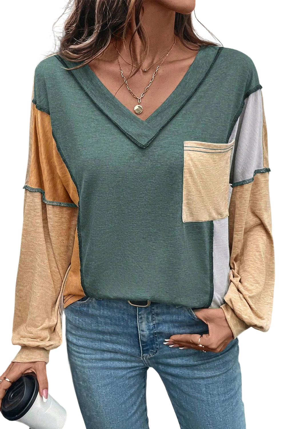 Green V Neck Long Sleeve Top